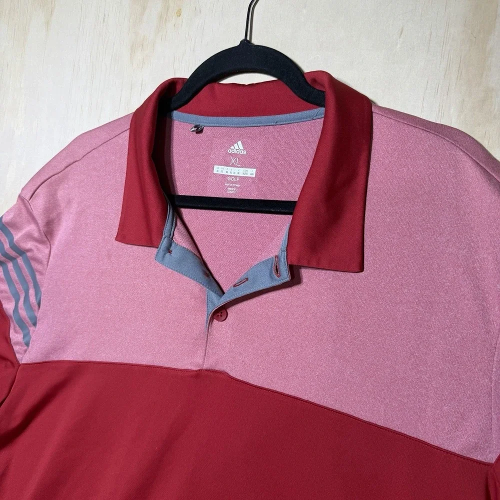 Adidas Golf Polo Shirt Mens XL Red Pink Colorblock 3 Stripe Performance Golf